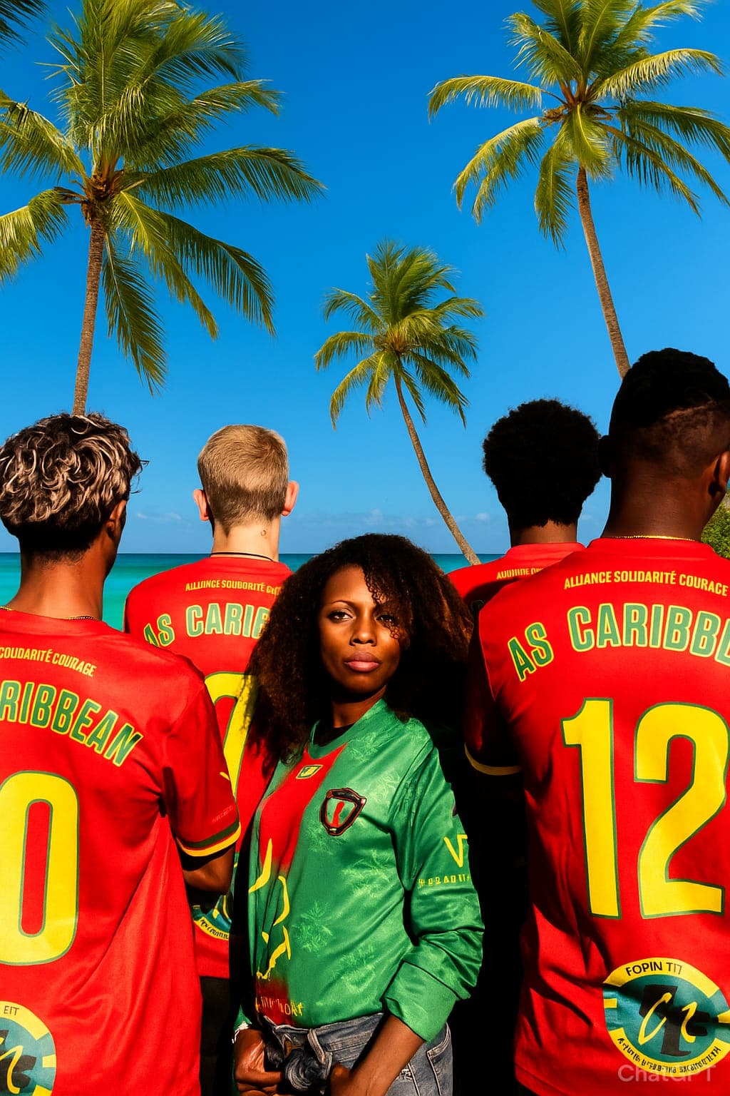 Groupe de joueurs AS Caribbean en tenue rouge et verte
